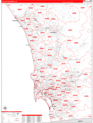 Greater San Diego Metro Area Wall Map Red Line Style 2024